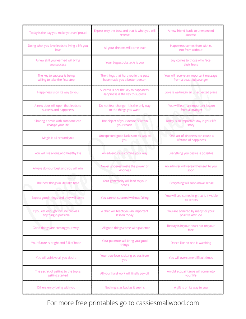 Free Printable Fortune Cookie Messages And Sayings - Cassie Smallwood in Positive Printable Fortune Cookie Fortunes
