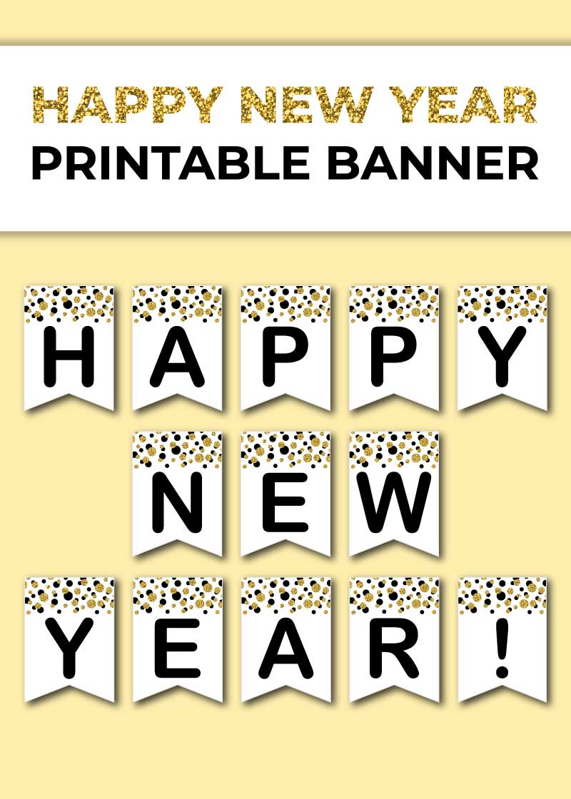 Free Printable Happy New Year Banner (Black And Golden Confetti in Printable Happy New Year Banner