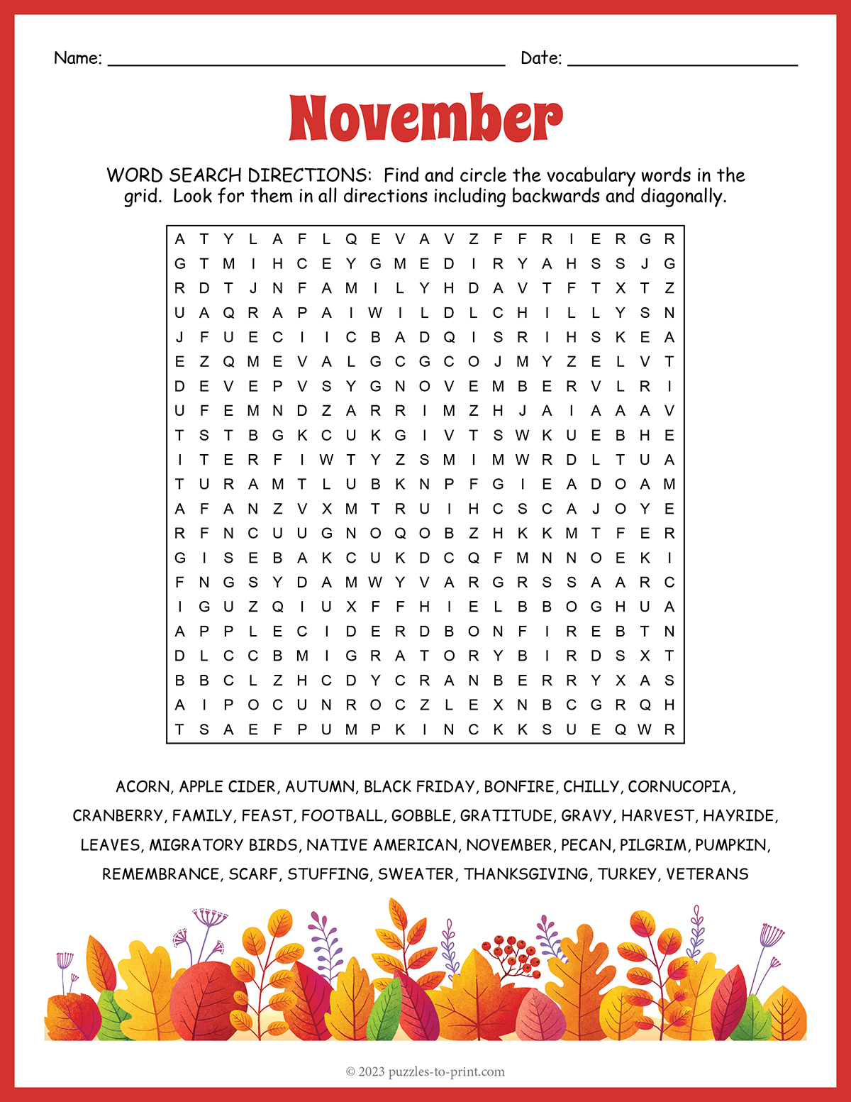 Free Printable November Word Search throughout November Word Search Free Printable