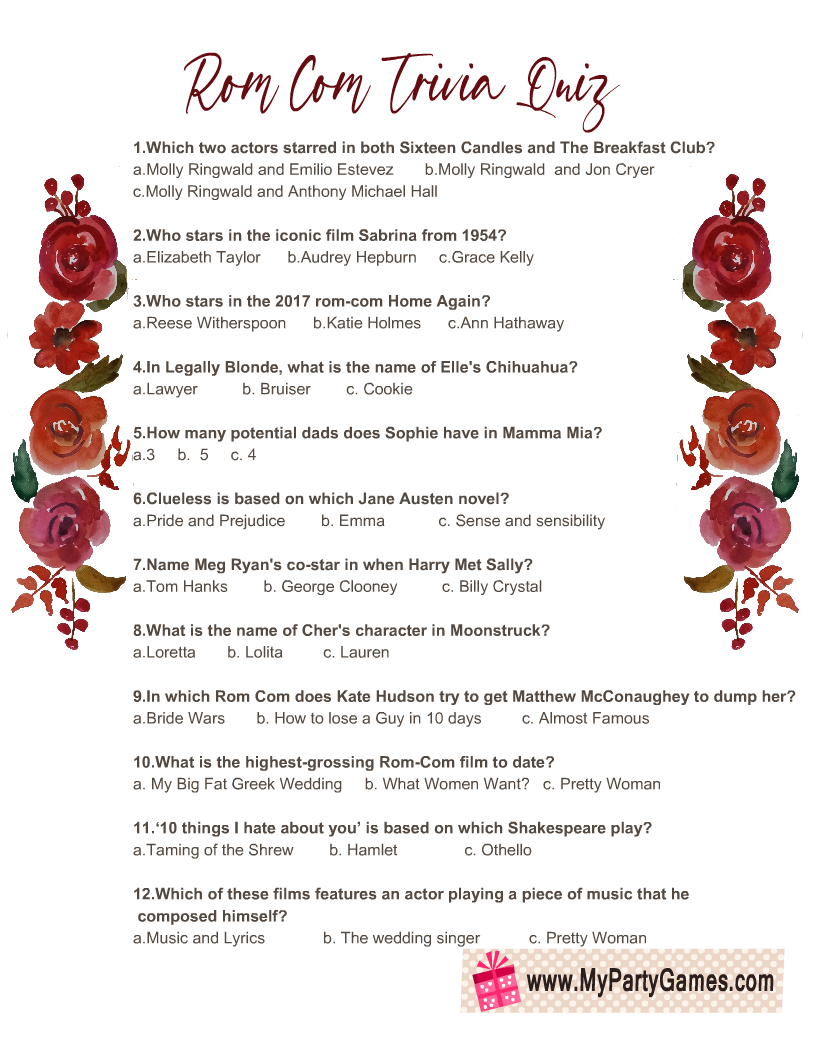 Free Printable Rom Com Trivia Quiz With Answer Key throughout Printable Movie Trivia Questions and Answers