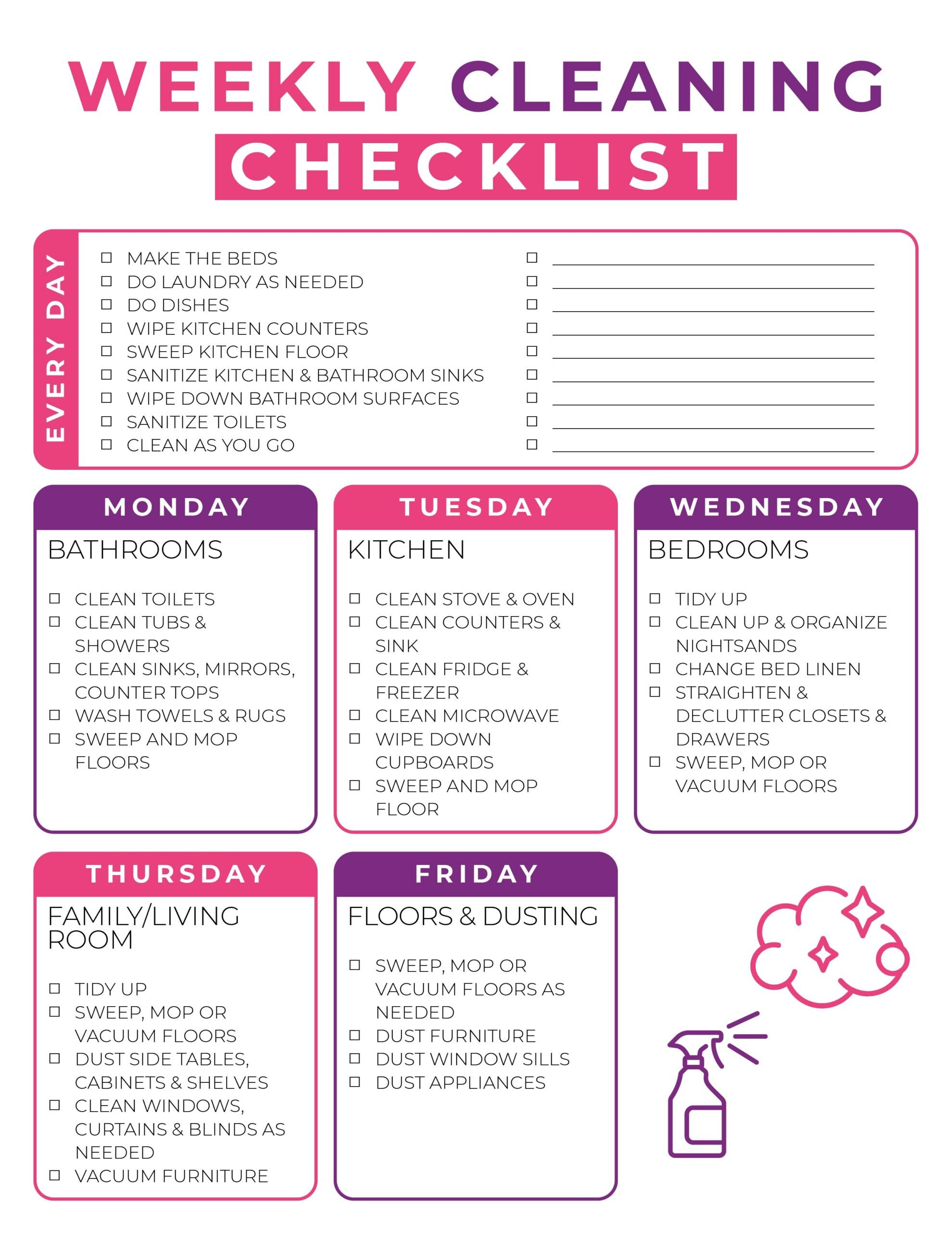 Free Printable Weekly Cleaning Checklist {Instant Pdf Download in Free Printable Weekly Cleaning Schedule