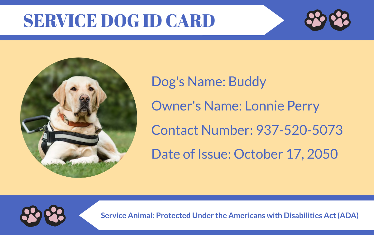 Free Service Dog Id Card Templates, Editable And Printable with Free Printable Ada Service Dog Card