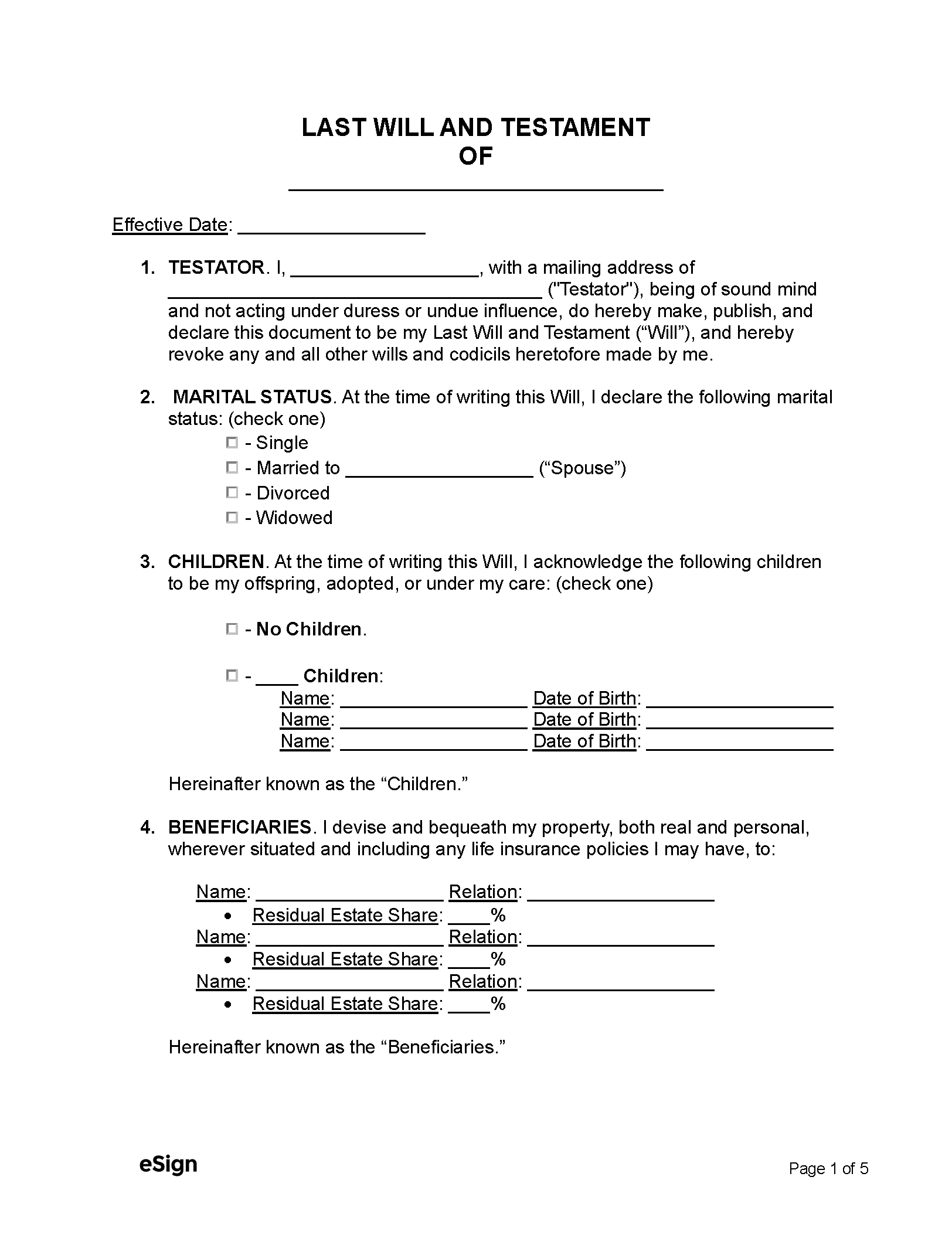 Free Simple (Basic) Last Will And Testament | Pdf | Word in Printable Simple Last Will and Testament Free Template