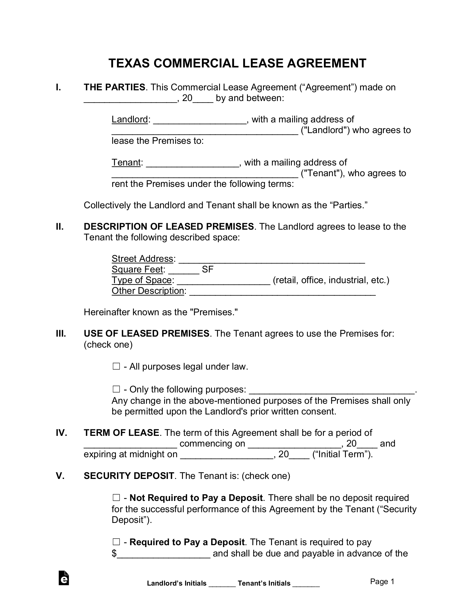 Free Texas Commercial Lease Agreement Template - Pdf | Word – Eforms intended for Free Printable Commercial Lease Agreement