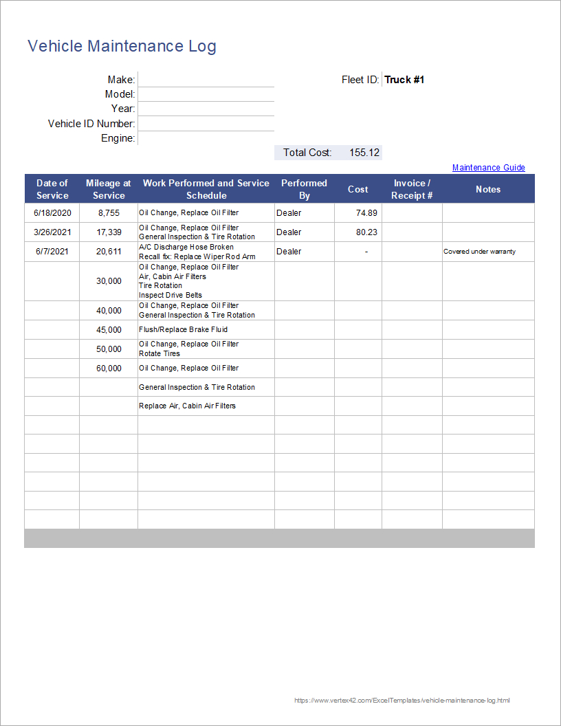 Free Vehicle Maintenance Log Template For Excel intended for Printable Free Vehicle Maintenance Log Template