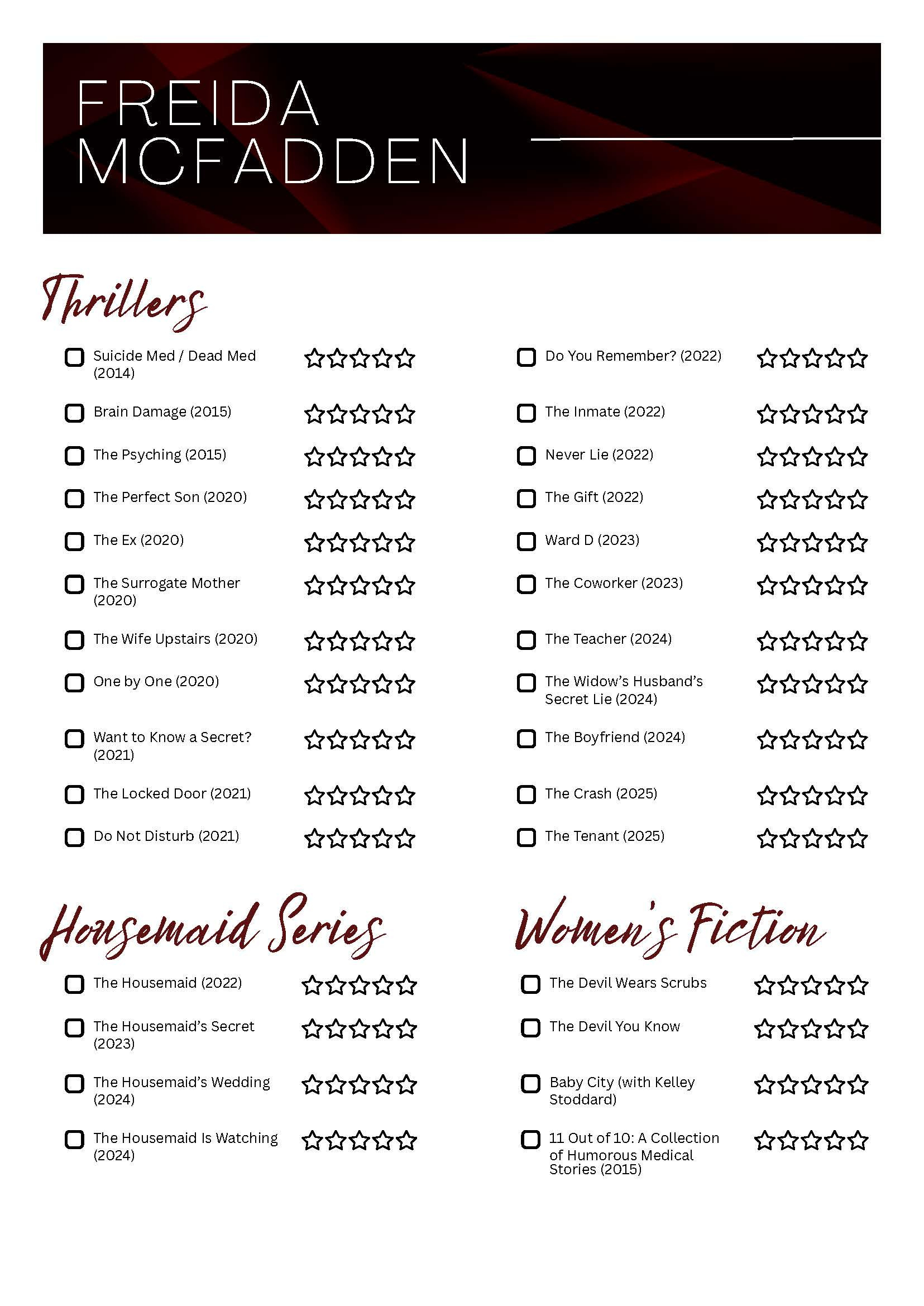 Freida Mcfadden Reading Checklist Book Tracker Novels 2025 regarding Printable List of Freida Mcfadden Books