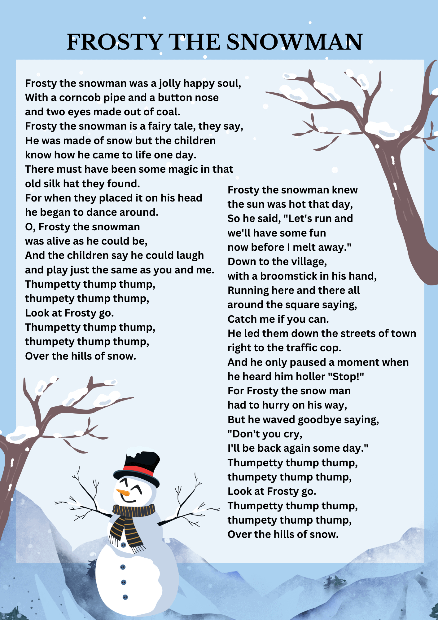 Frosty Lyrics inside Lyrics Frosty the Snowman Printable