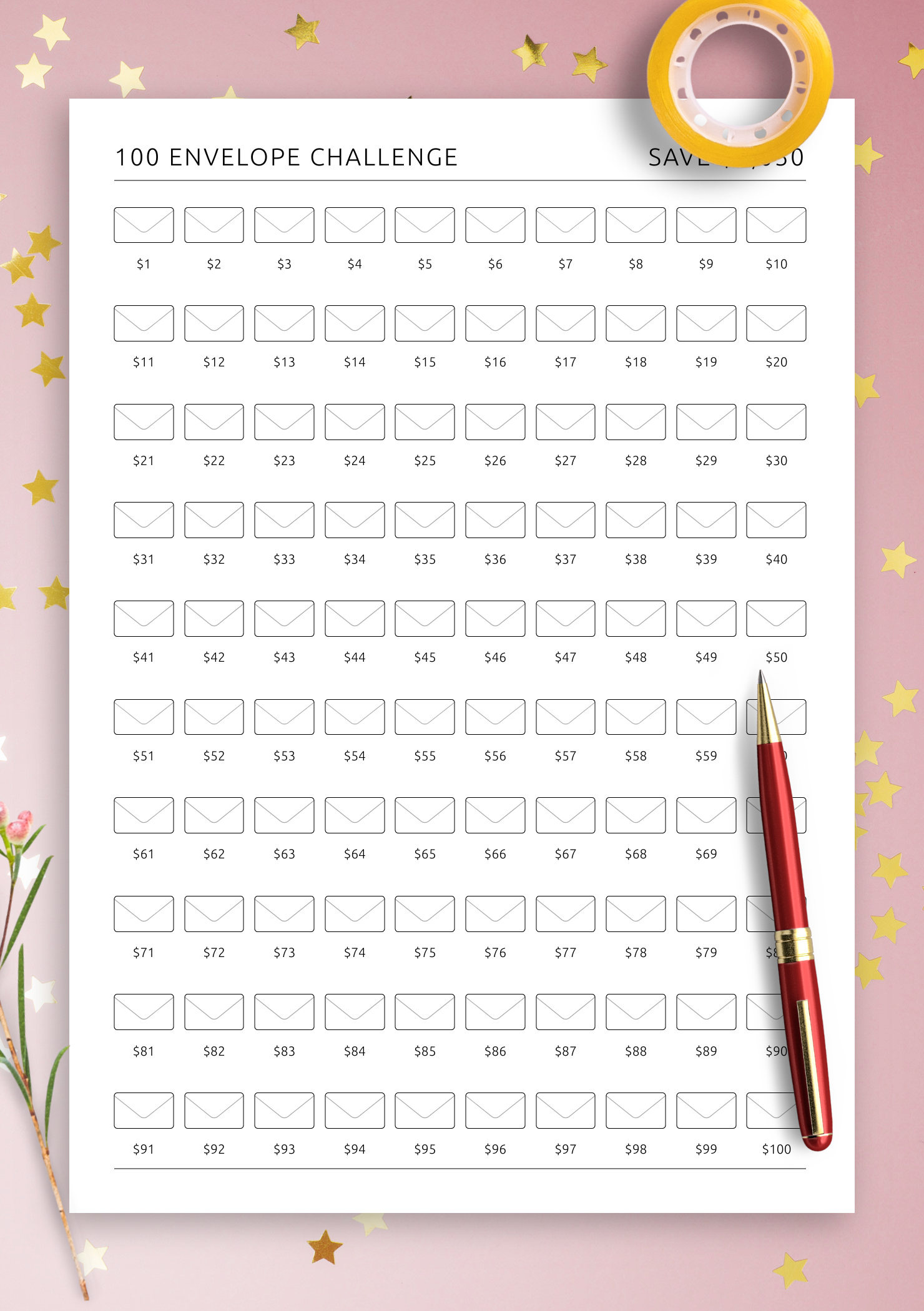 Get 100 Envelope Challenge Template: Printable Or Digital Pdf For inside Printable 100 Envelope Challenge Chart