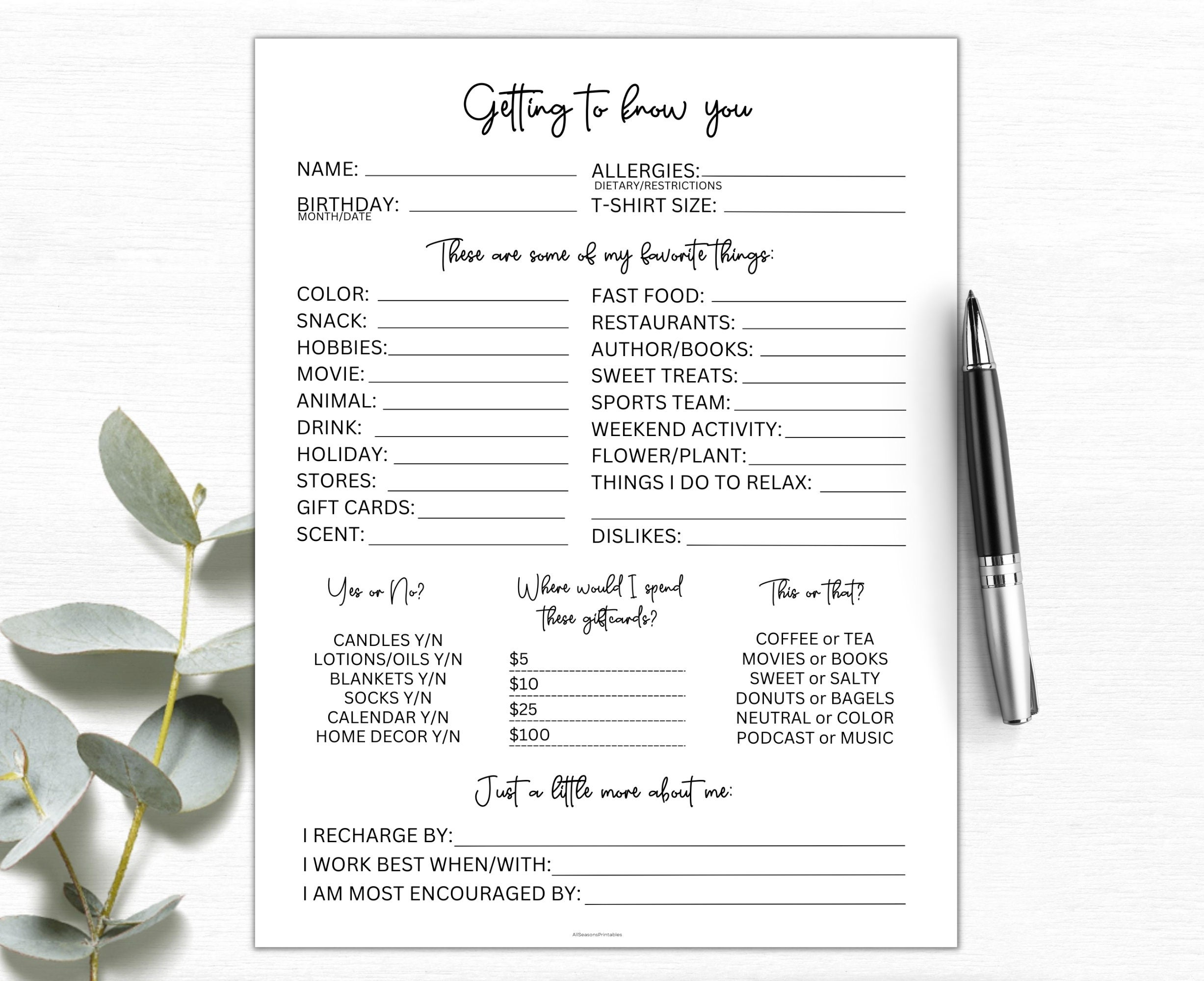 Getting To Know You Printable | Coworker Questions | All About Me inside Printable Getting to Know Your Employees Questionnaire Template