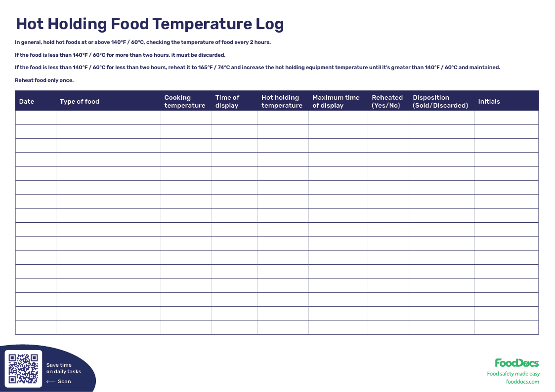 Hot Holding Food Temperature Log | Free Download in Printable Hot Food Temperature Log Sheet