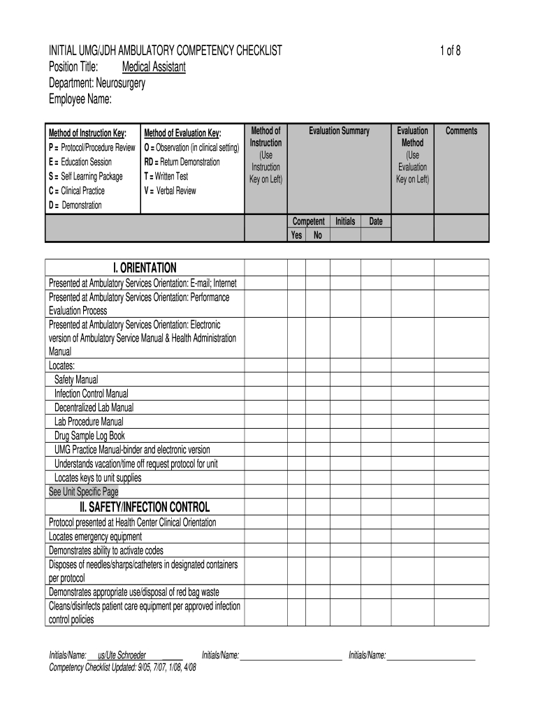 Initial Umgjdh Ambulatory Competency Checklist Form - Fill Online with Printable Nursing Skills Competency Checklist