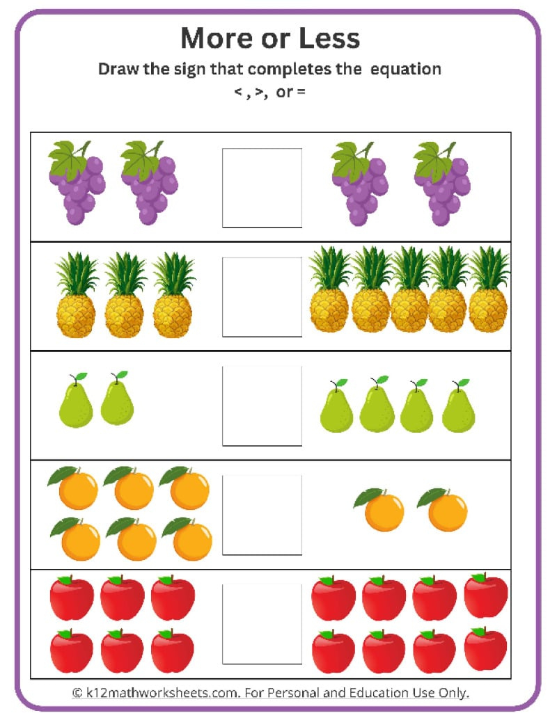 Kindergarten Comparing Numbers Worksheets inside Printable More And Less Worksheets