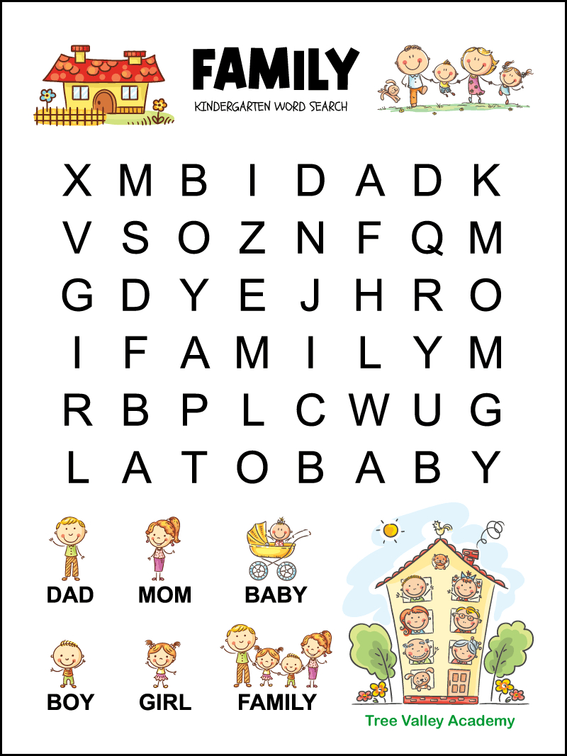 Kindergarten Family Word Search - Tree Valley Academy with Word Search For Kindergarten Free Printable