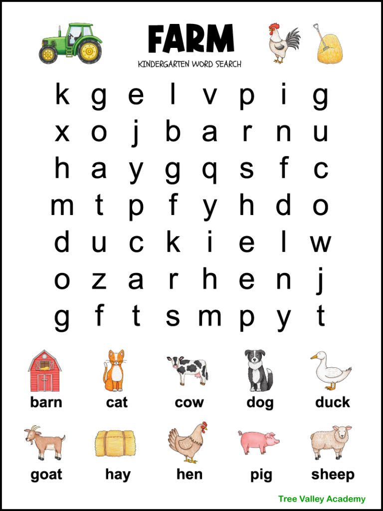 Kindergarten Farm Word Search - Tree Valley Academy throughout Word Search For Kindergarten Free Printable