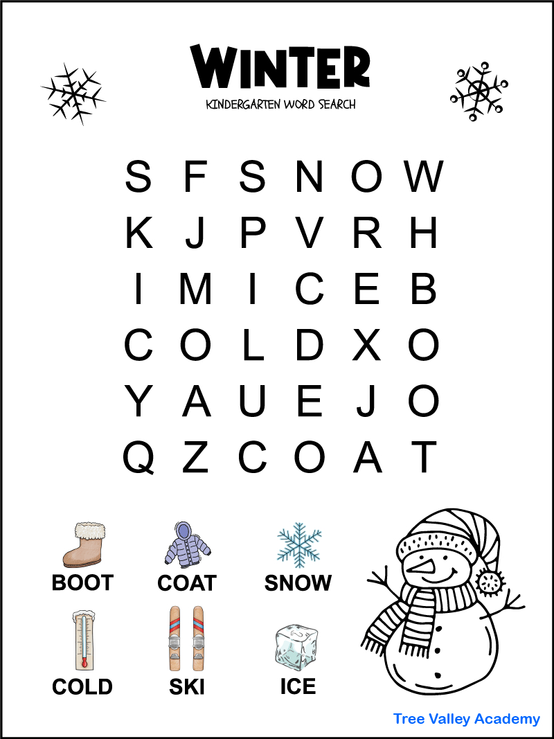 Kindergarten Winter Word Search - Tree Valley Academy throughout Word Search For Kindergarten Free Printable