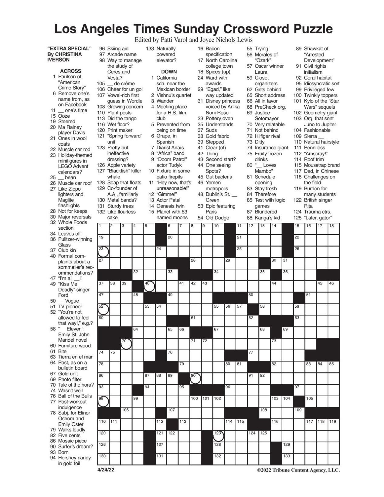 La Times Sunday Crossword: April 24, 2022 | Crosswords throughout Printable Sunday Crossword Puzzles