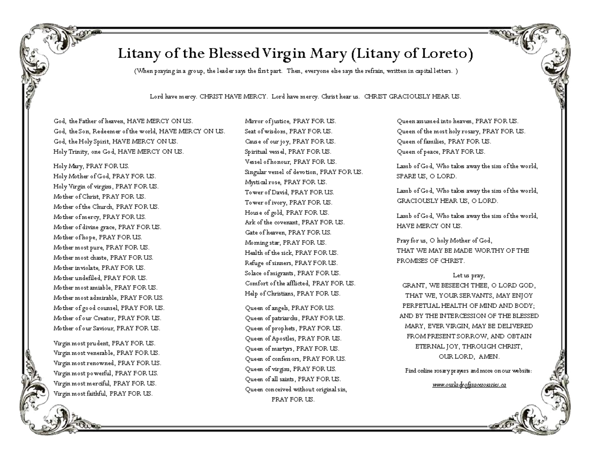 Litany Of The Blessed Virgin Mary (Litany Of Loreto) Notes - Studocu for Litany of the Blessed Virgin Mary Printable