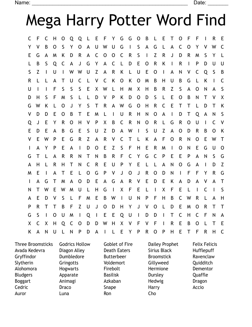 Mega Harry Potter Word Find Word Search - Wordmint pertaining to Harry Potter Word Search Printable