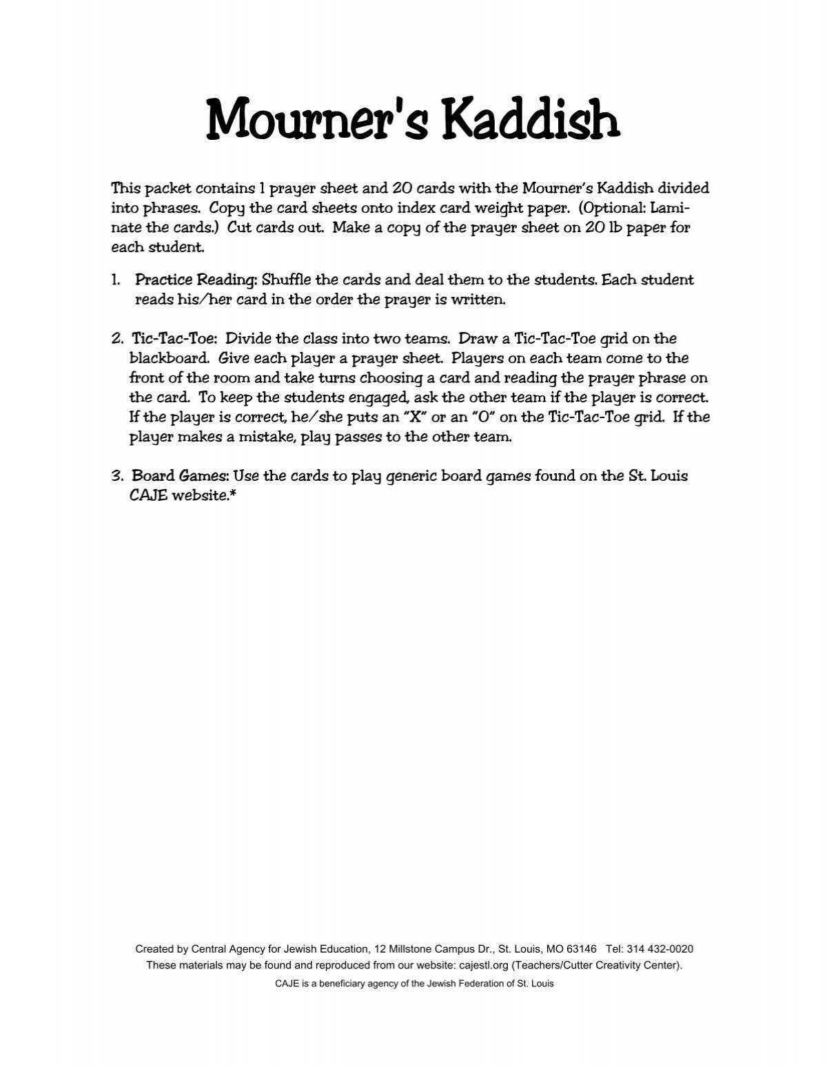 Mourners Kaddish Prayer Sheet & 20 Cardspdf.pub - Central Agency for Printable Mourner'S Kaddish English