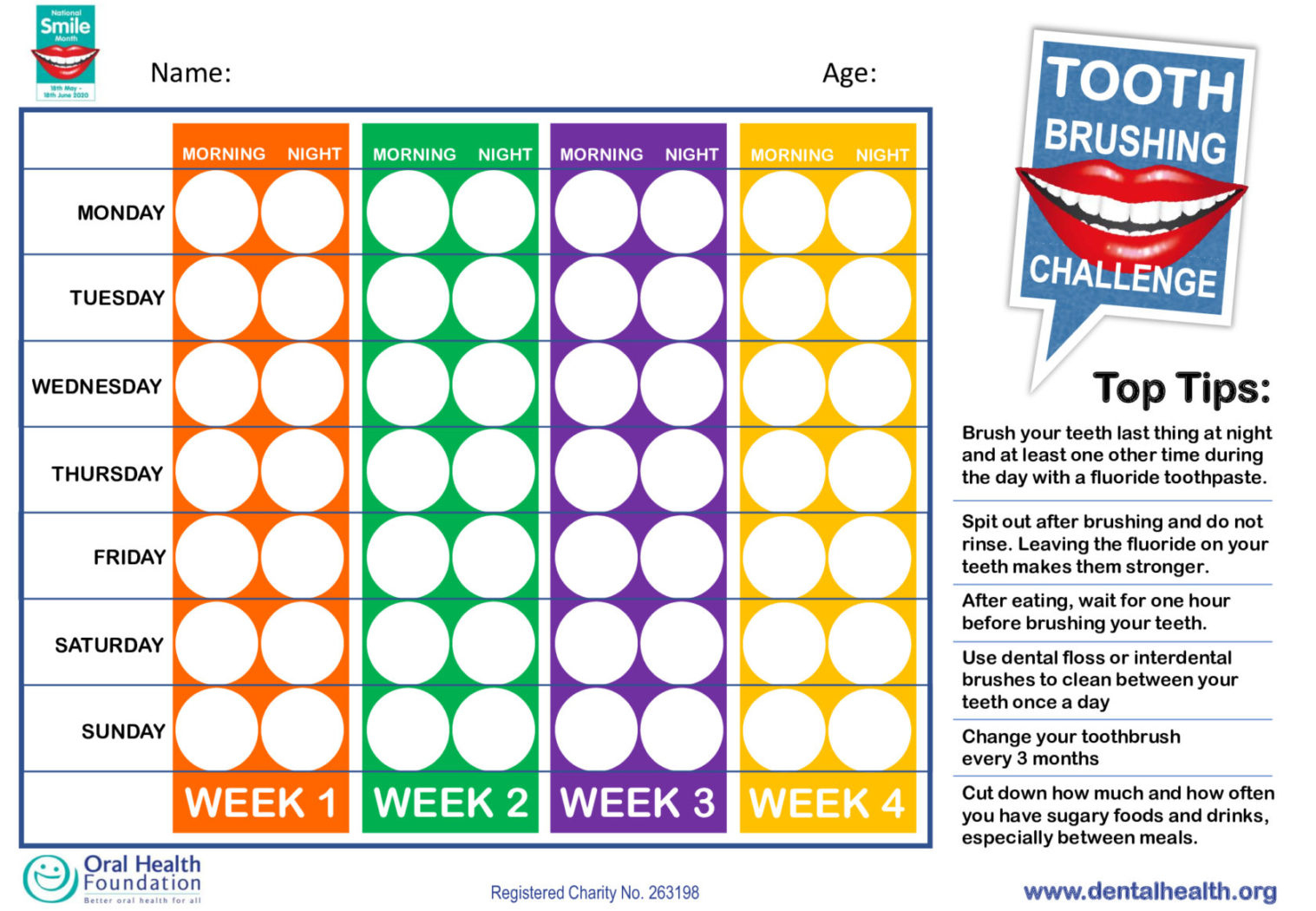 National Smile Month 2020 - Free Tooth Brushing Chart For Kids And with regard to Free Printable Tooth Brushing Chart