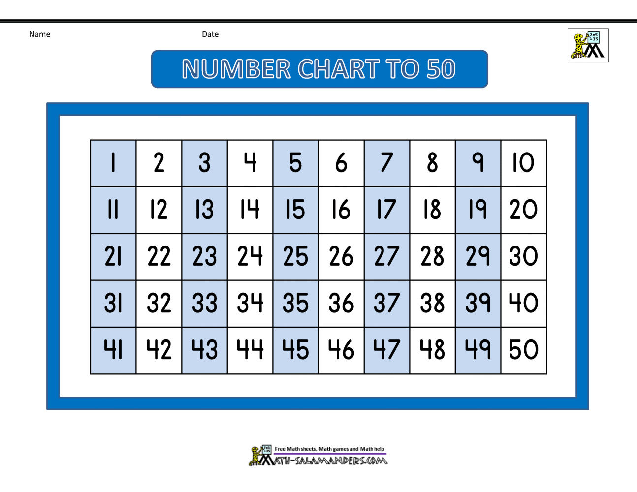 Number Chart To 50 throughout Number Chart 1 50 Printable
