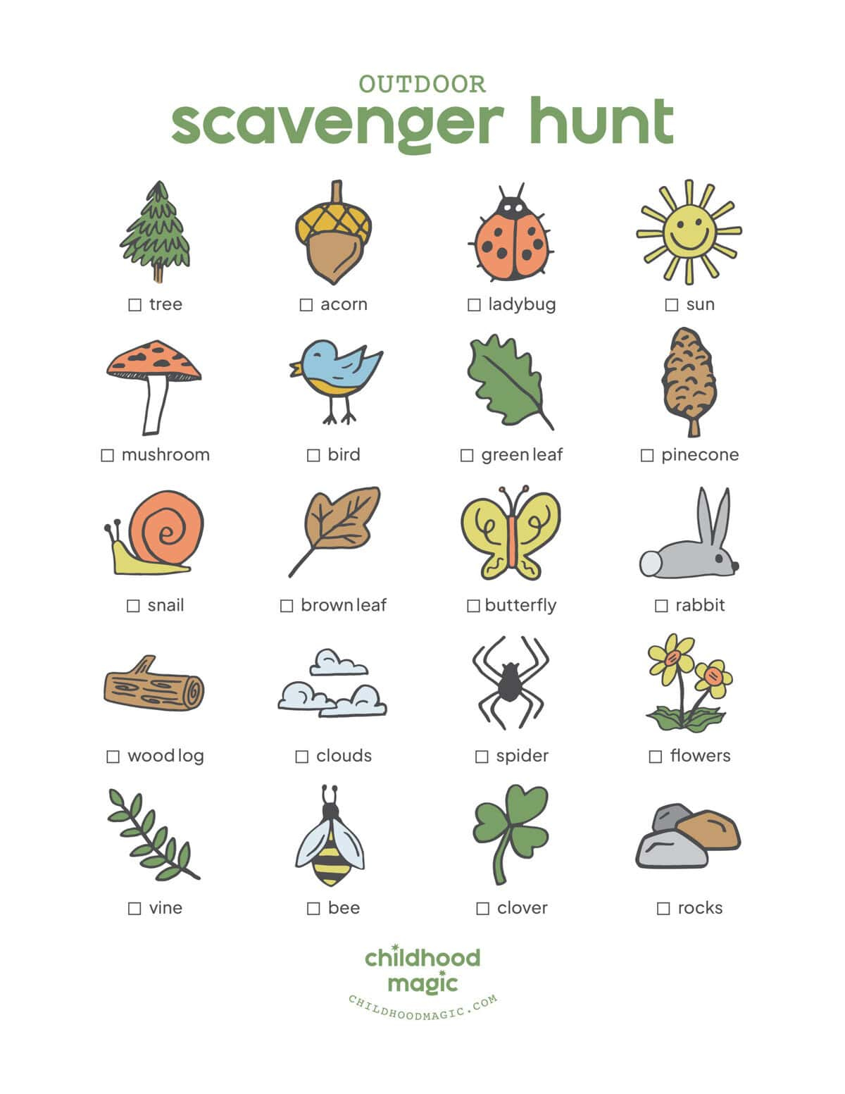 Outdoor Scavenger Hunt (Free Printable!) - Childhood Magic inside Free Printable Nature Scavenger Hunt