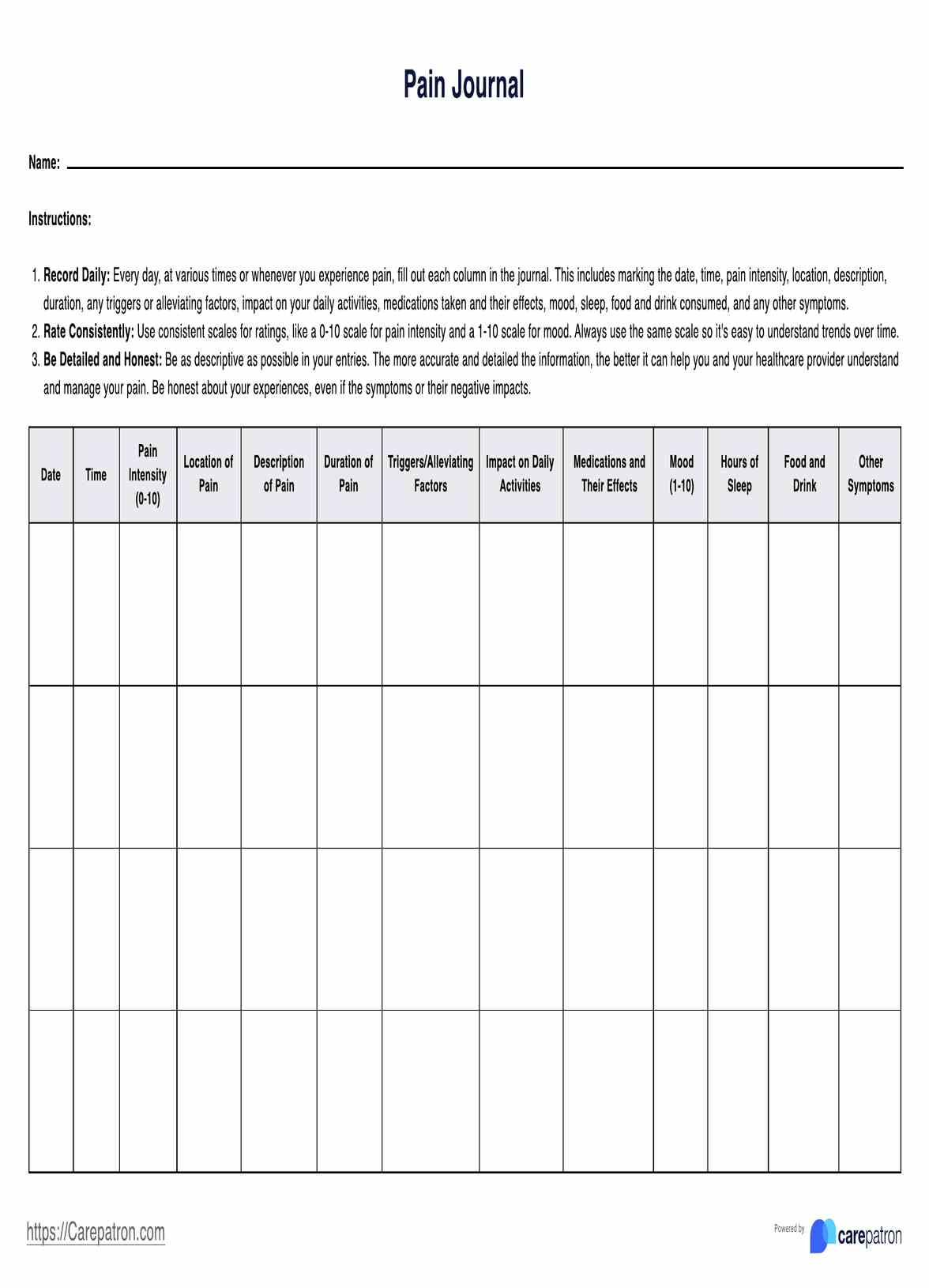 Pain Journal within Free Printable Pain Diary Template