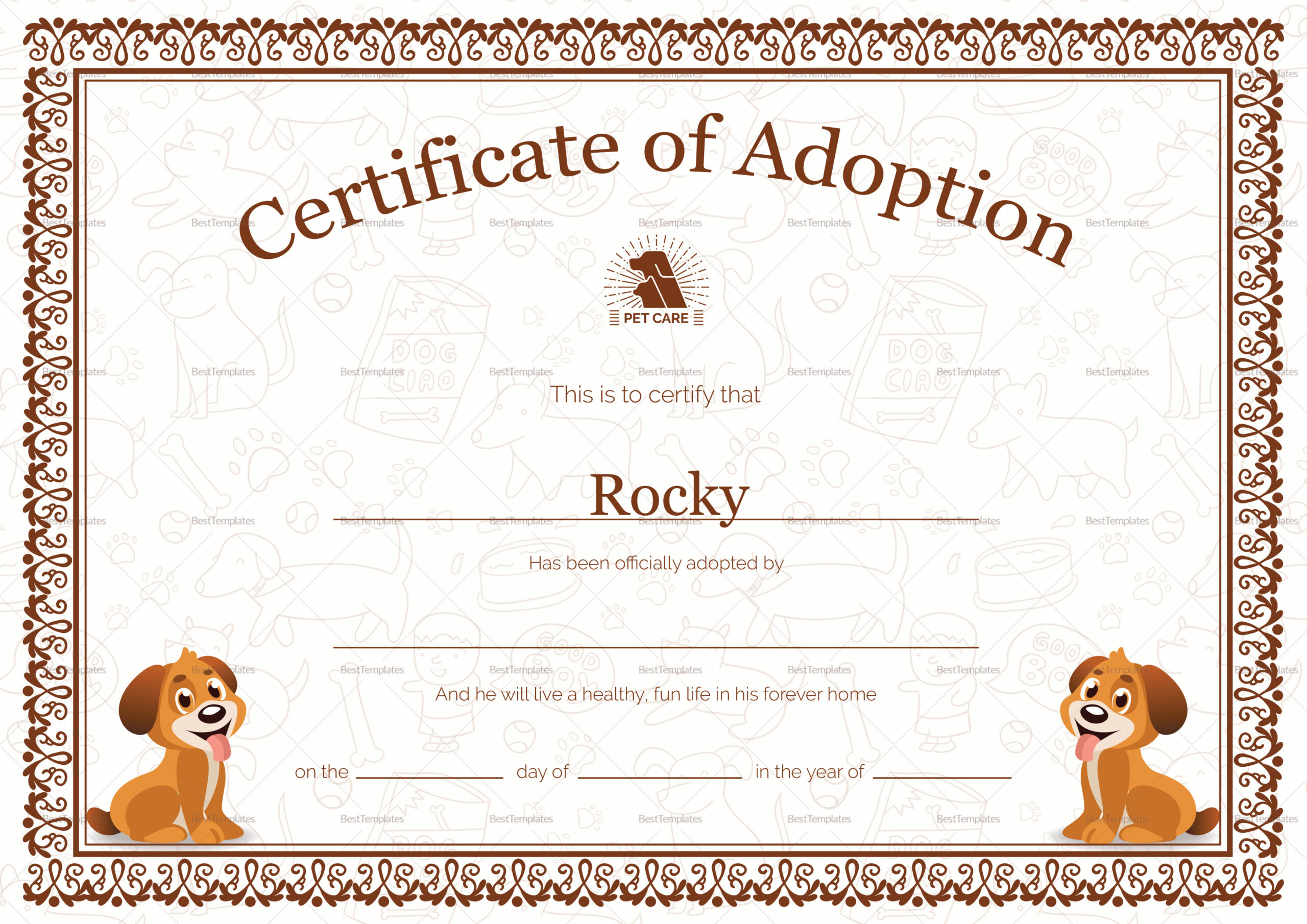 Pet Adoption Certificate Design Template In Psd, Word inside Pet Adoption Certificate Free Printable