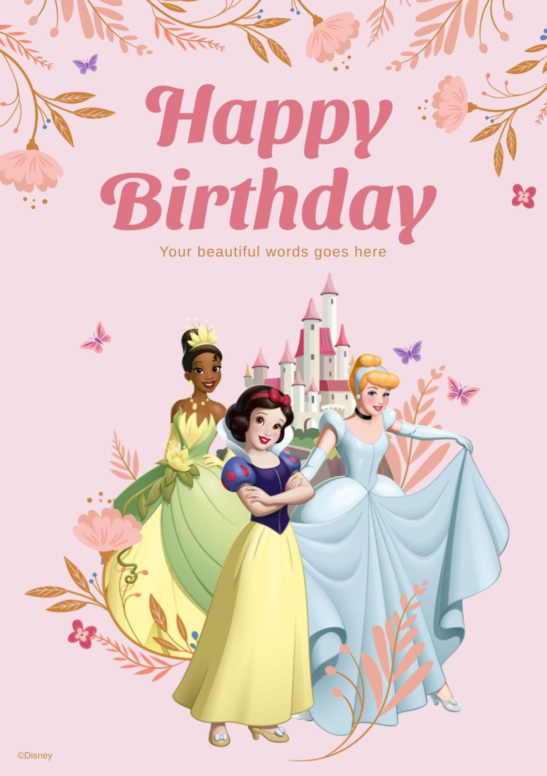 Pink Disney Princess Birthday Card Presentation regarding Printable Disney Princess Happy Birthday