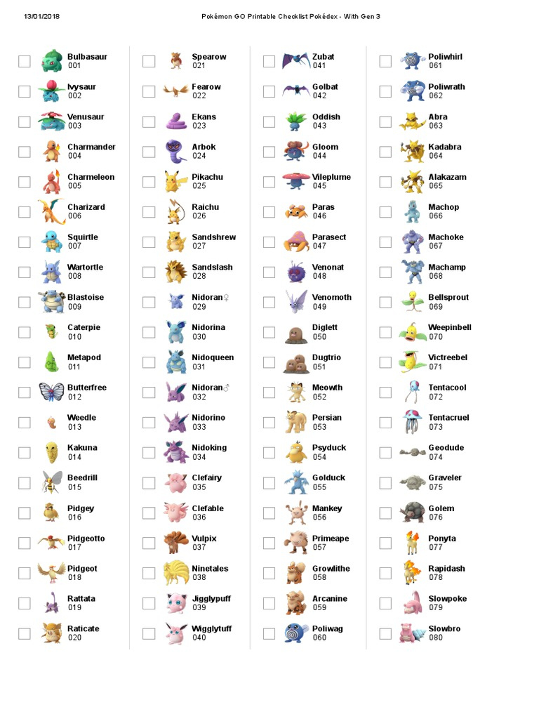 Pokémon Go Printable Checklist Pokédex - With Gen 3 | Pdf intended for Printable List Of All Pokemon