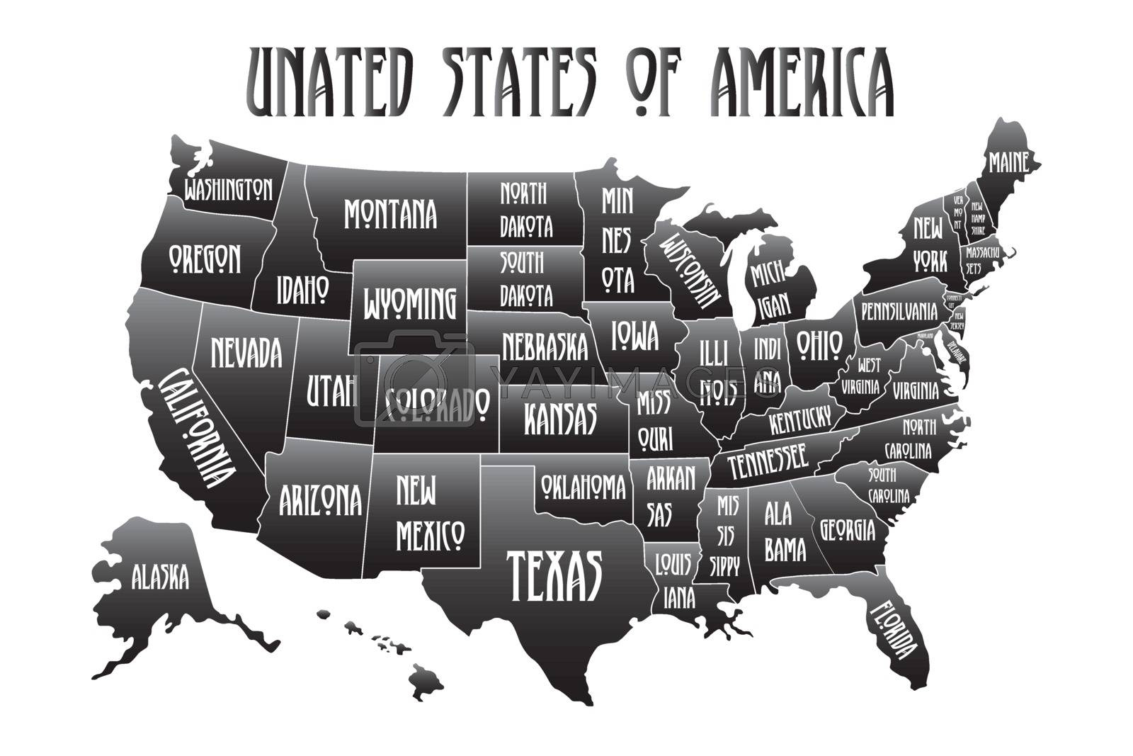 Poster Map Of United States Of America With State Names. Black And with Printable United States Map Black And White