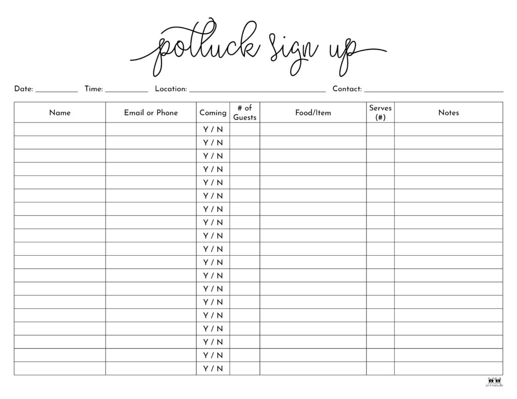 Potluck Sign Up Sheets - 74 Free Sheets | Printabulls for Printable Potluck Sign Up Sheet Template