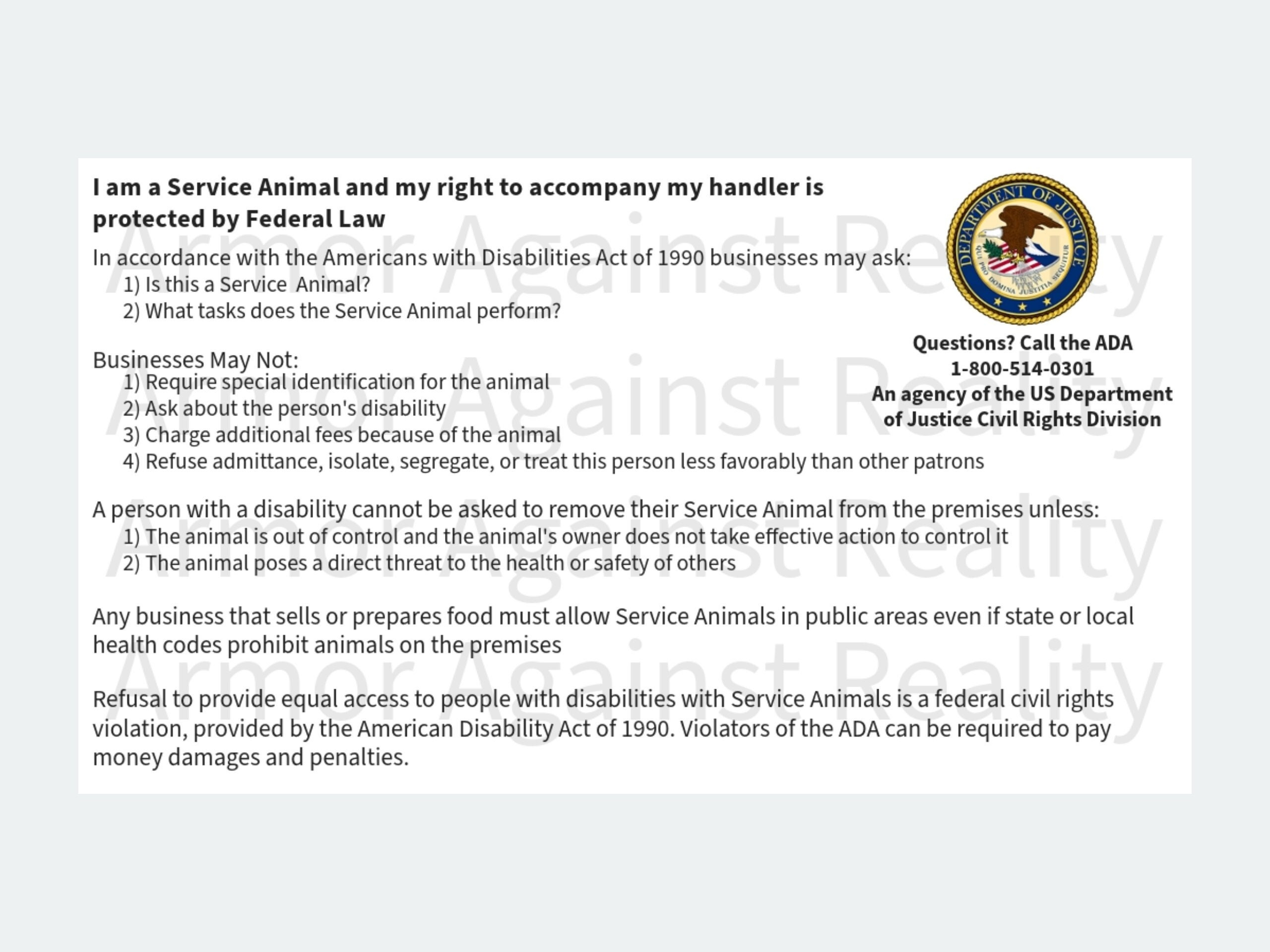 Printable Ada Service Dog Rights Information Card - Etsy with Free Printable Ada Service Dog Card