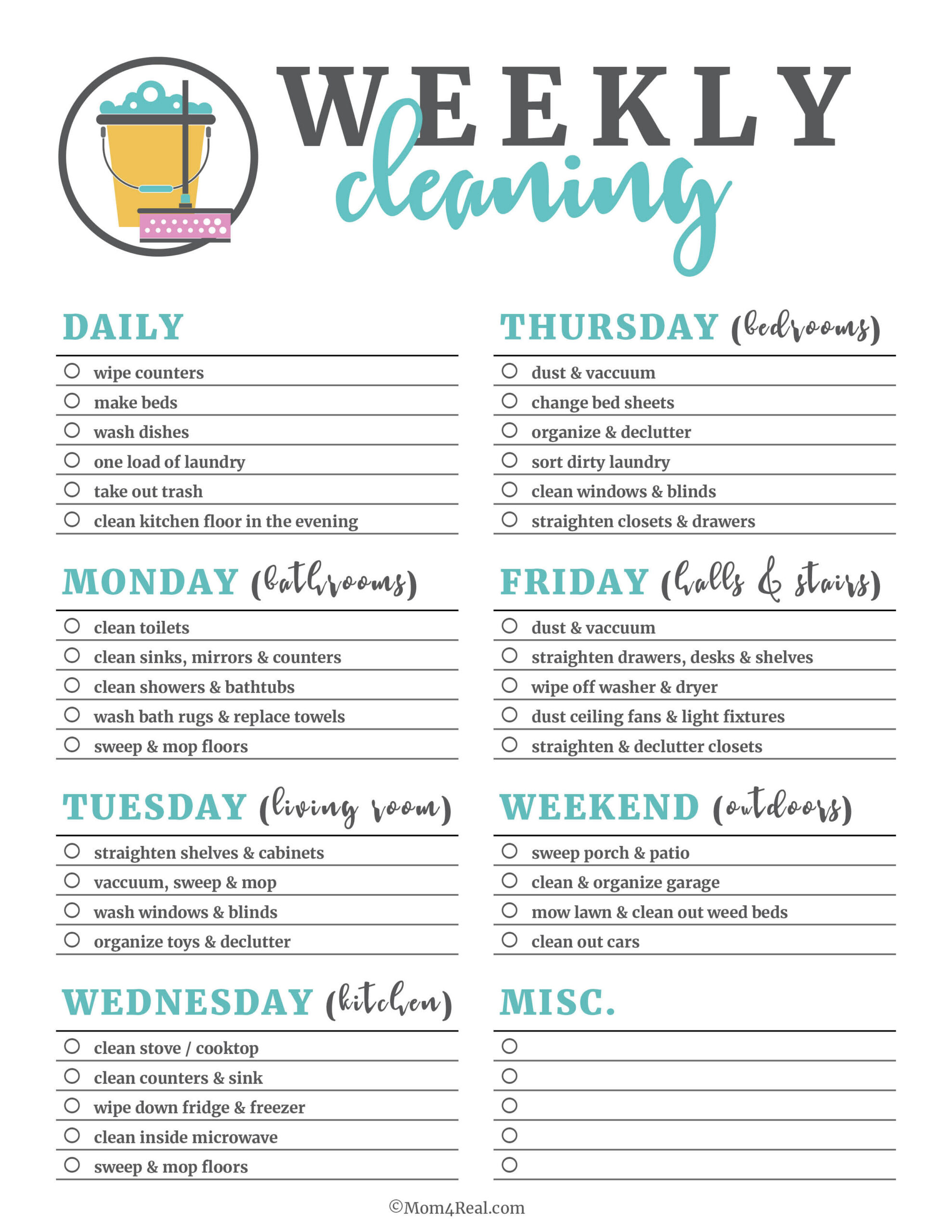 Printable Cleaning Checklists: Daily, Weekly & Monthly Tasks! throughout Free Printable Weekly Cleaning Schedule