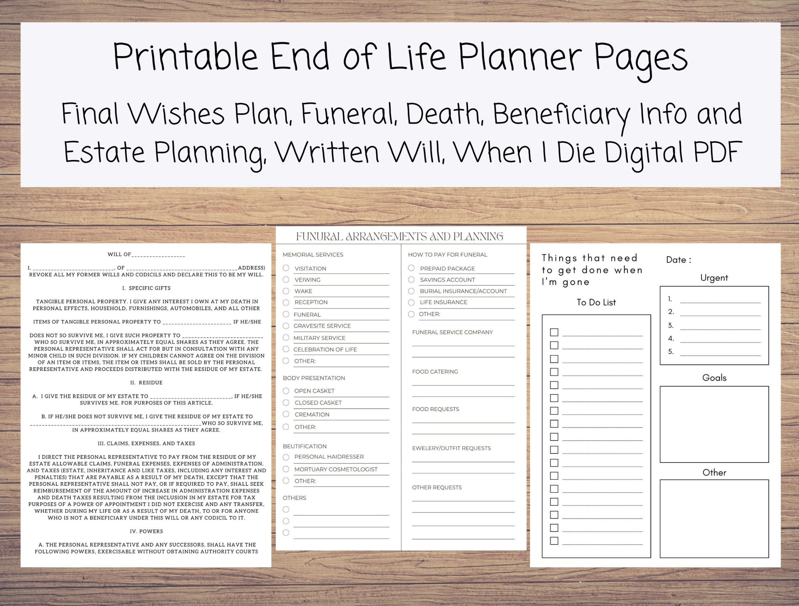 Printable End Of Life Planner, Final Wishes Plan, Funeral, Death for Printable End of Life Planning Worksheet