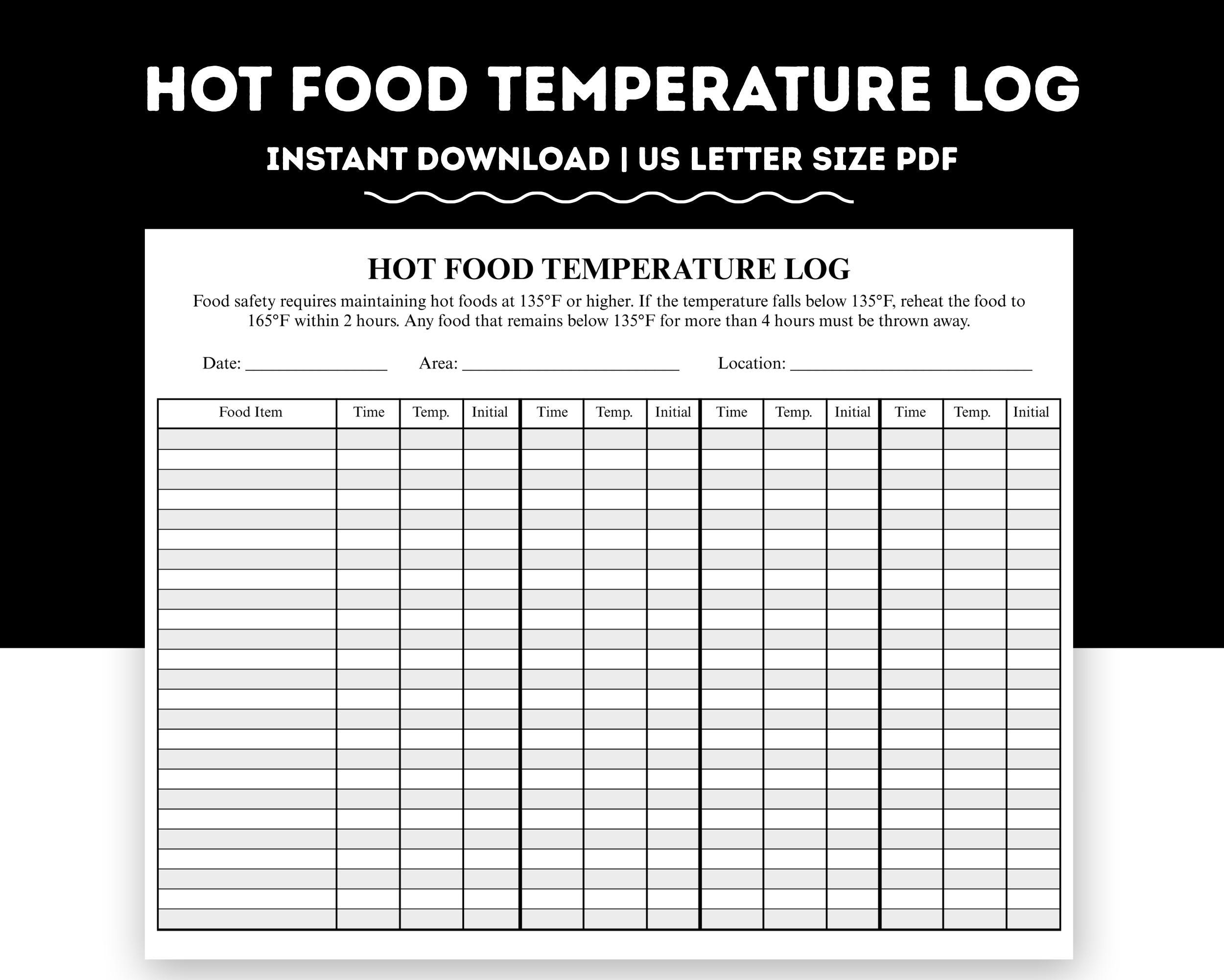 Printable Hot Food Temperature Log, Hot Food Log, Hot Food Temp with regard to Printable Hot Food Temperature Log Sheet