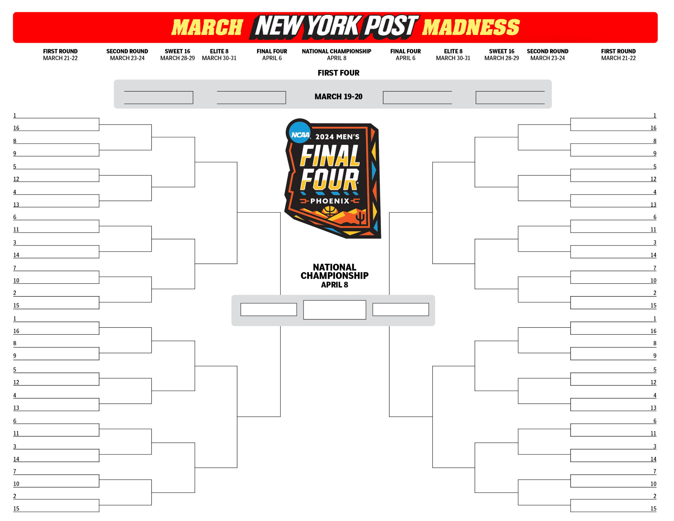 Printable Ncaa Bracket: Full 2024 March Madness Field | New York Post in Printable March Madness Bracket with Records