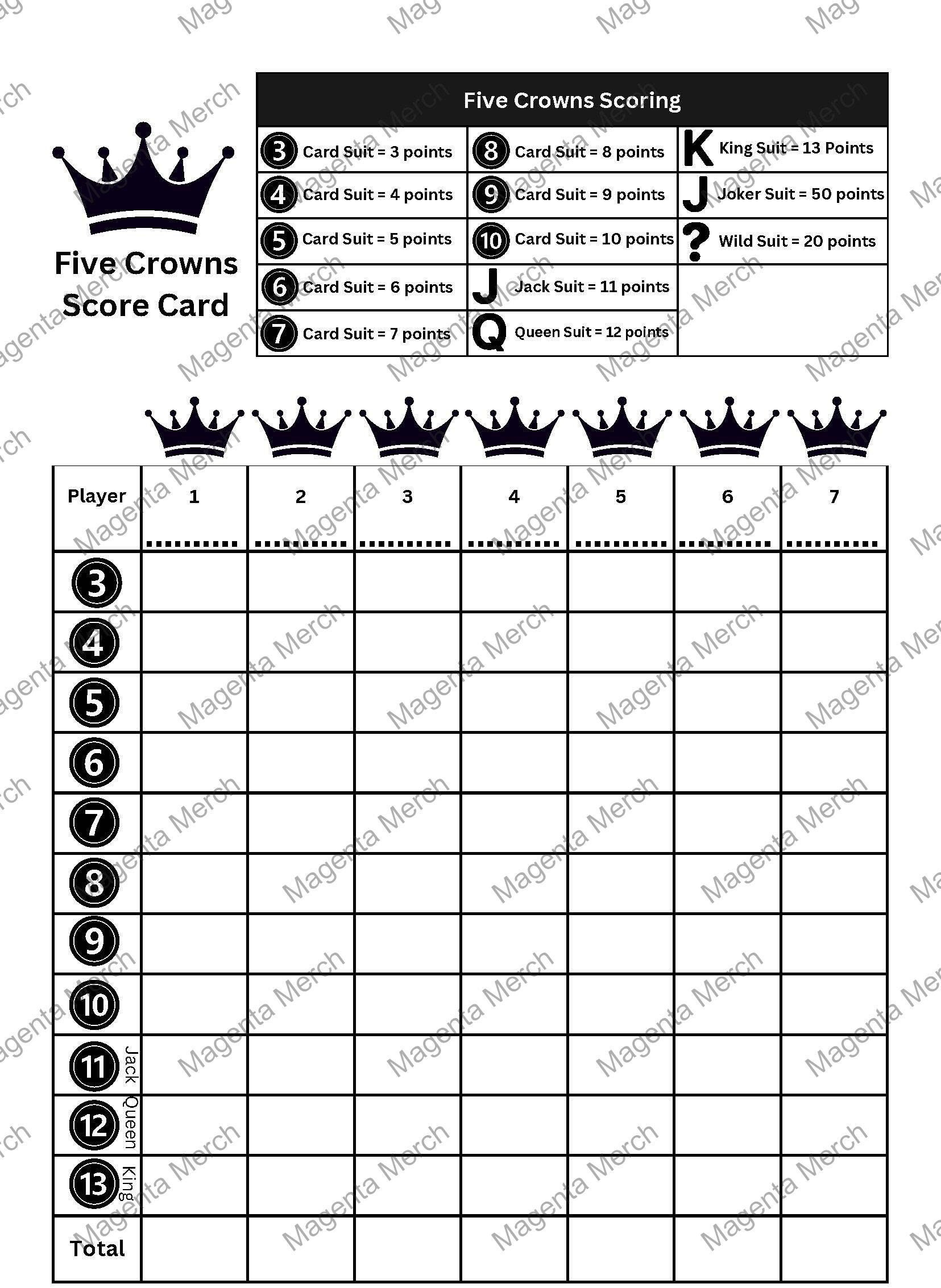 Printable Replacement Score Card Compatible With Five Crowns - A0 regarding Five Crowns Score Sheet Printable