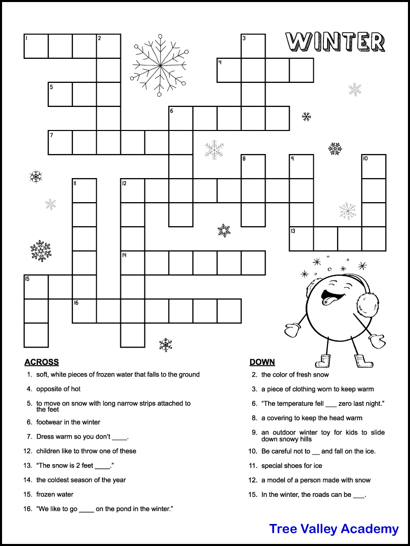 Printable Winter Crossword Puzzles For Kids - Tree Valley Academy in Free Printable Crossword Puzzles For Kids