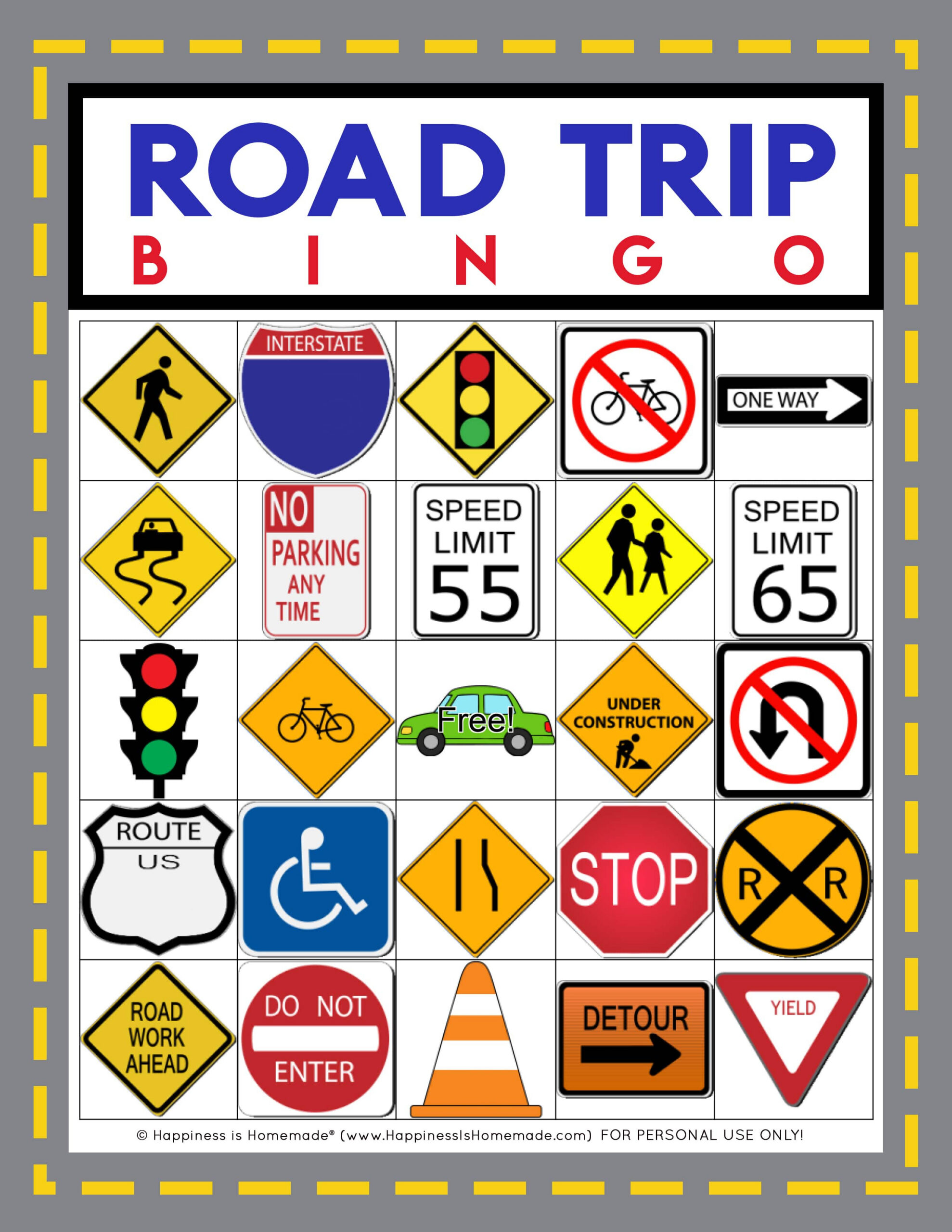 Road Trip Bingo Game - Free Printable - Happiness Is Homemade throughout Road Trip Bingo Printable