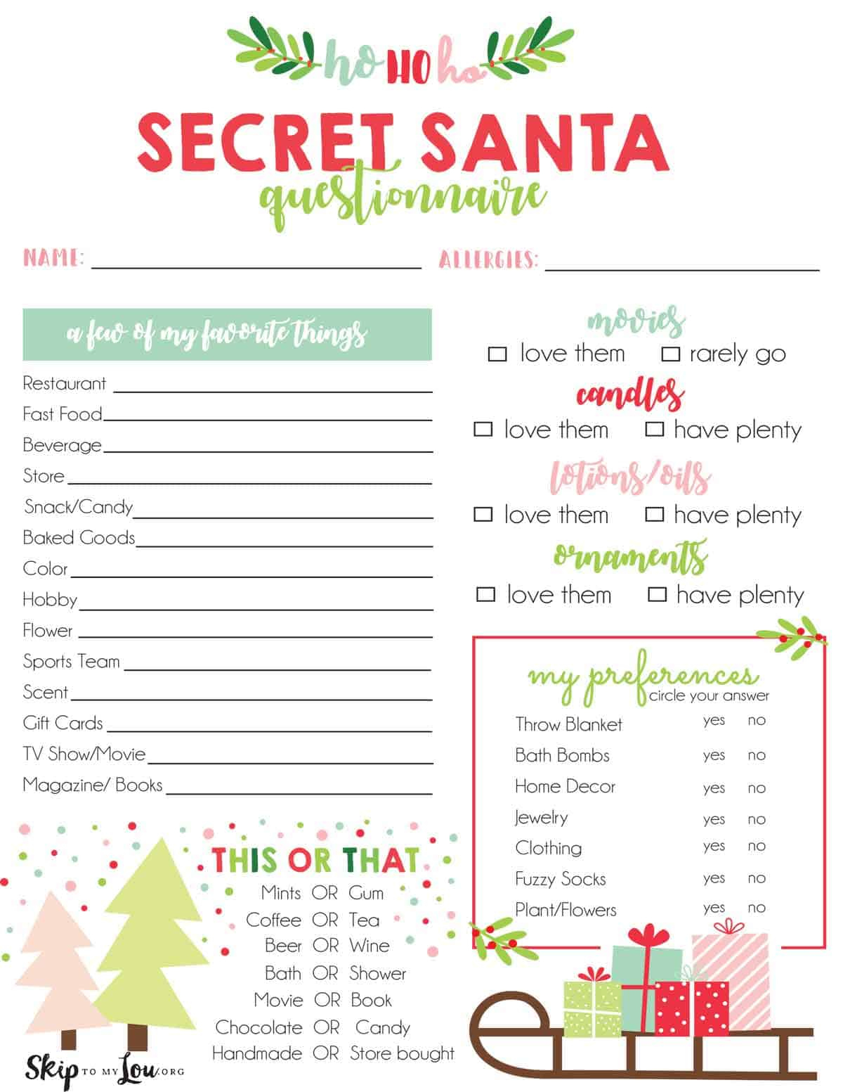 Secret Santa Questionnaire | Skip To My Lou regarding Secret Santa Questionnaire Printable