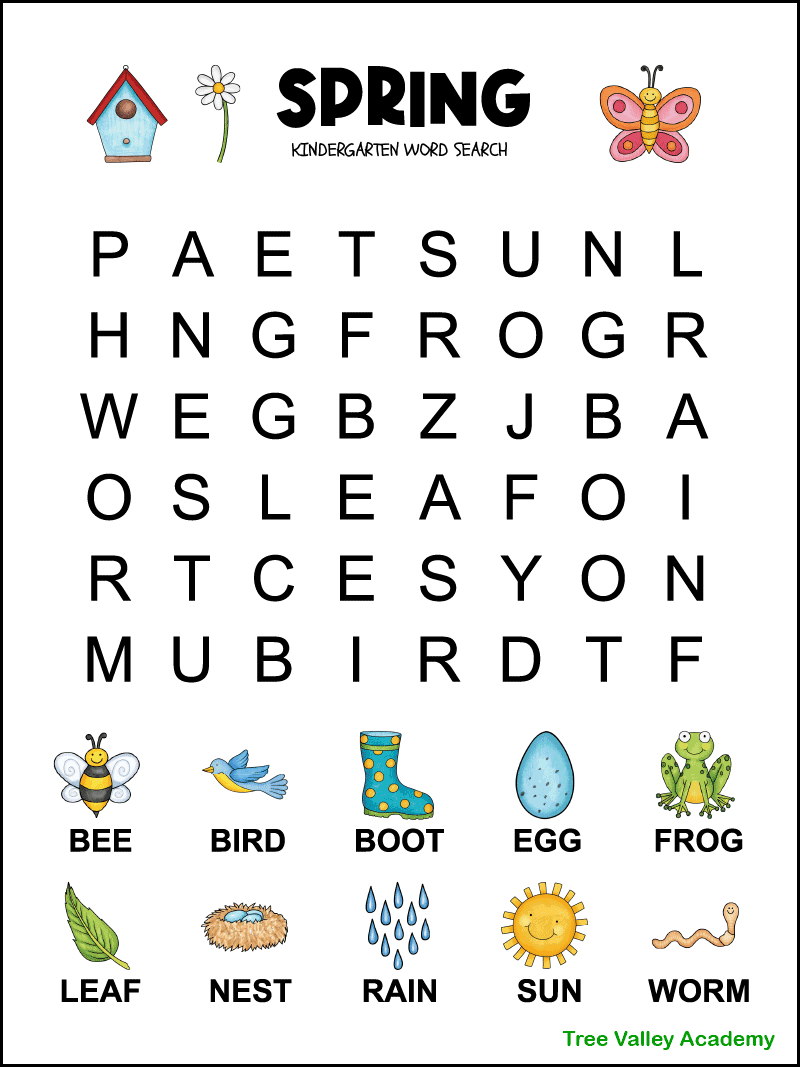 Spring Word Search For Kindergarten - Tree Valley Academy with Word Searches For Kids Printable