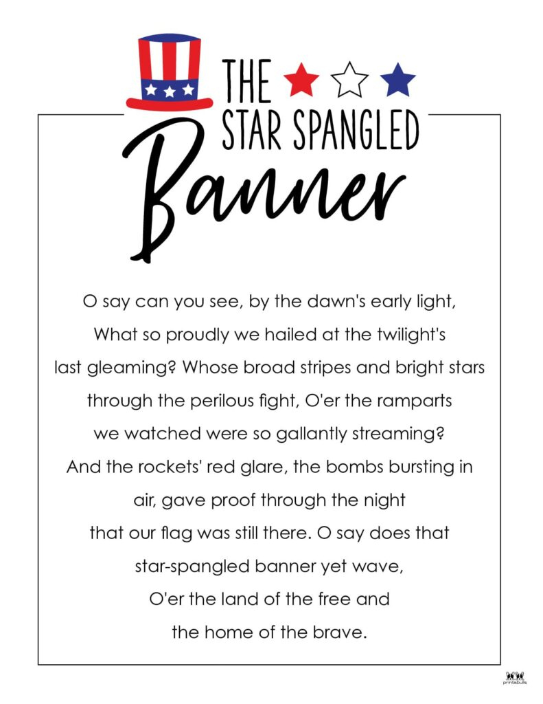 Star Spangled Banner Lyrics - 10 Free Printables | Printabulls with Lyrics Star Spangled Banner Printable