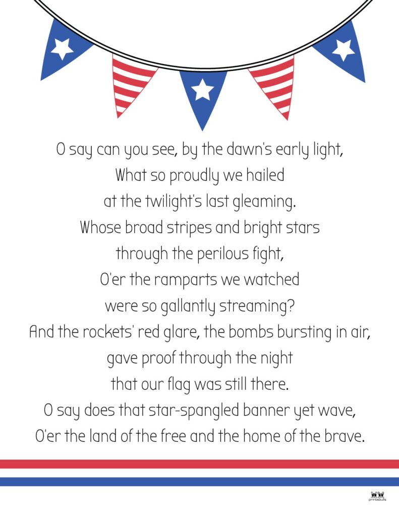 Star Spangled Banner Lyrics - 10 Free Printables | Printabulls with Lyrics Star Spangled Banner Printable
