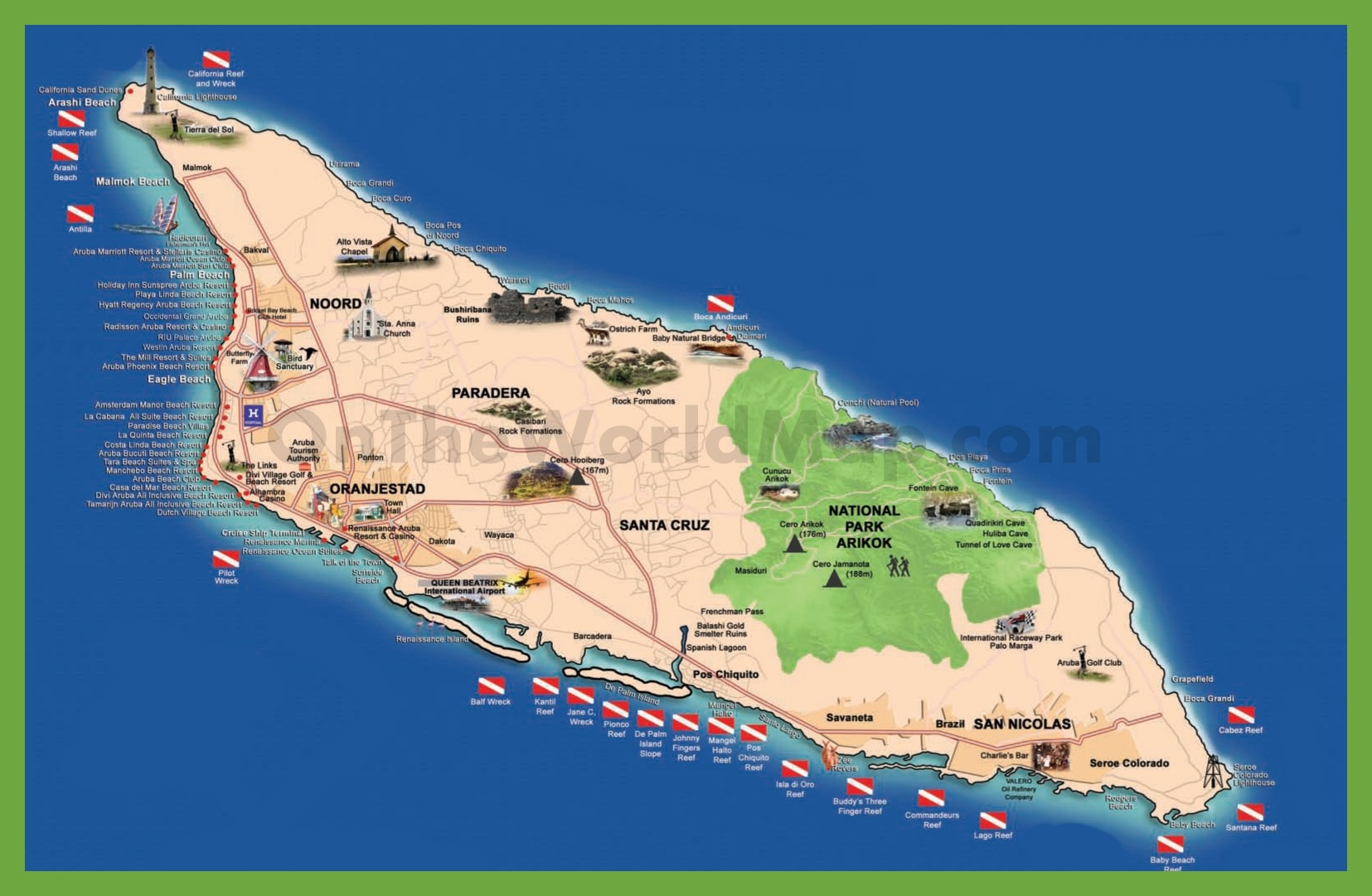 Tourist Map Of Aruba - Ontheworldmap within Printable Tourist Map Of Aruba