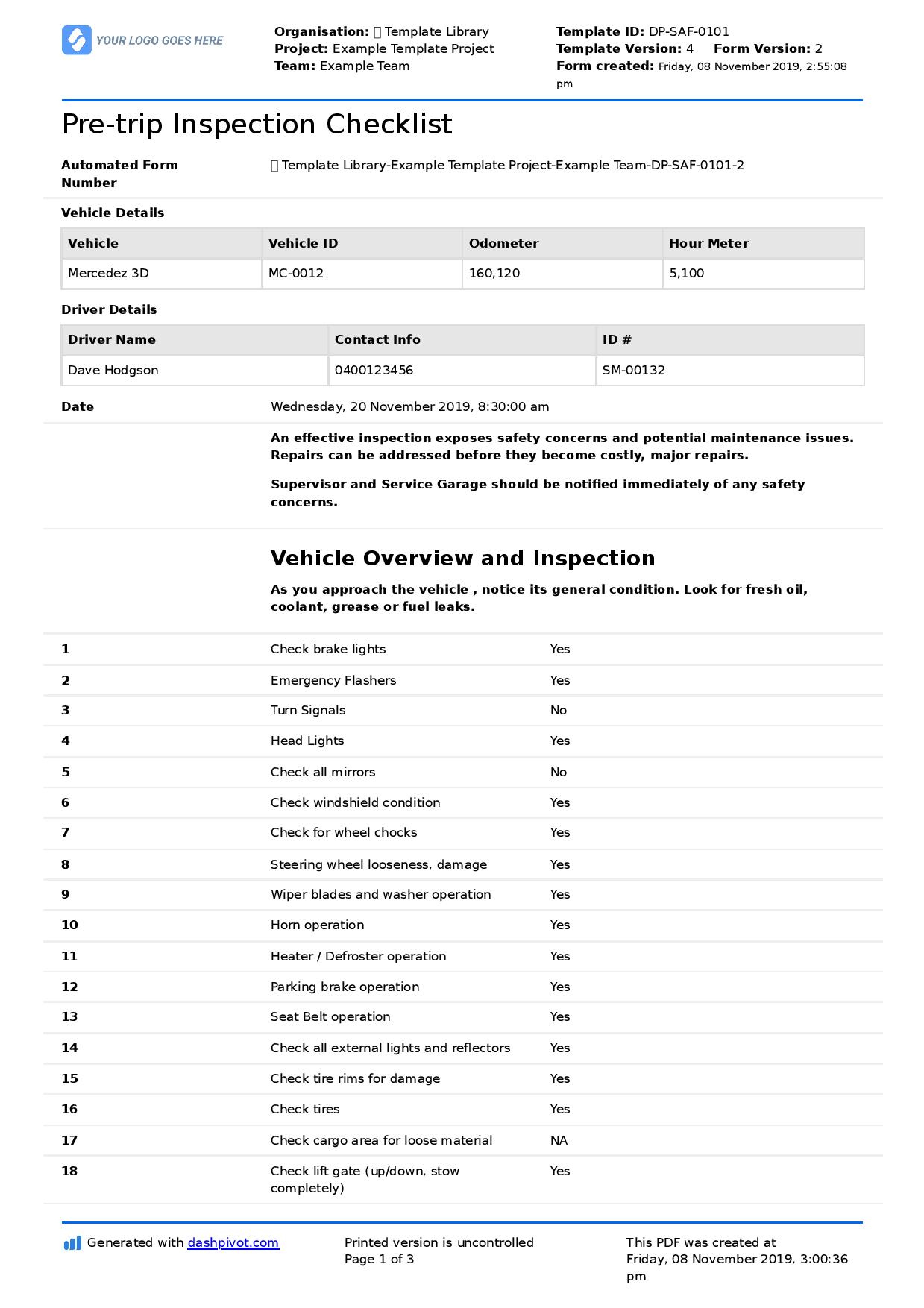 Truck Driver Pre Trip Inspection Checklist Template inside Printable Pre Trip Inspection Sheet