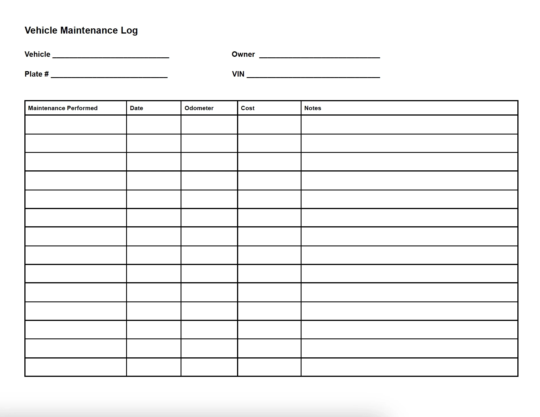 Vehicle Maintenance Log Word Template within Printable Free Vehicle Maintenance Log Template