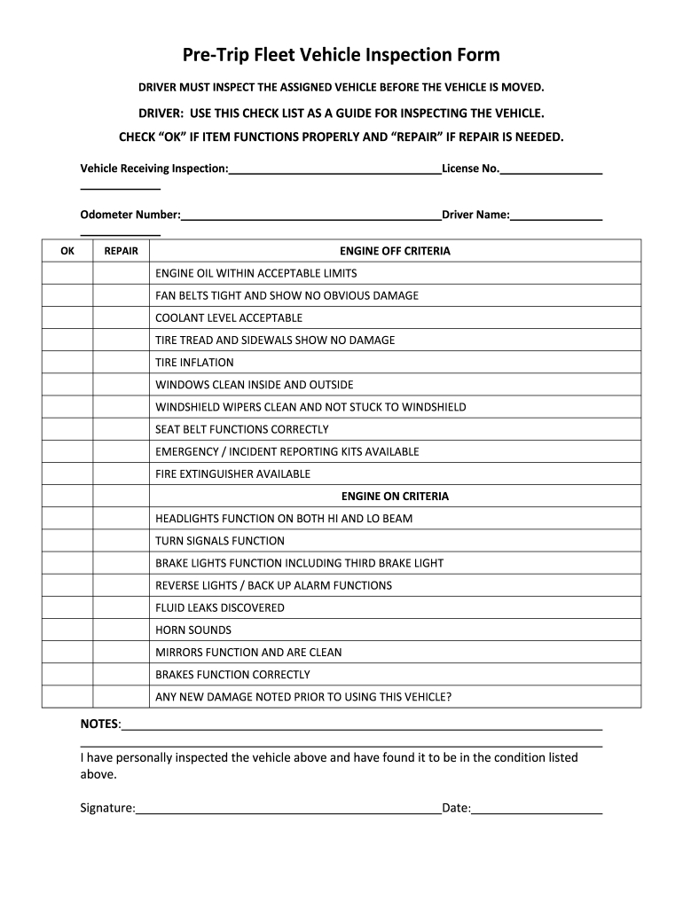 Vehicle Pre Trip Inspection Checklist: Fill Out & Sign Online | Dochub pertaining to Printable Pre Trip Inspection Sheet