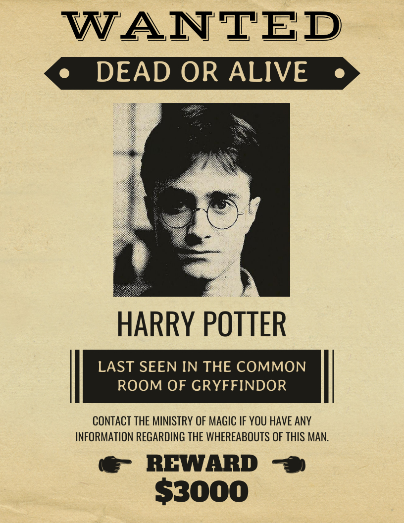 Vintage Harry Potter Wanted Poster - Venngage in Harry Potter Wanted Posters Printable