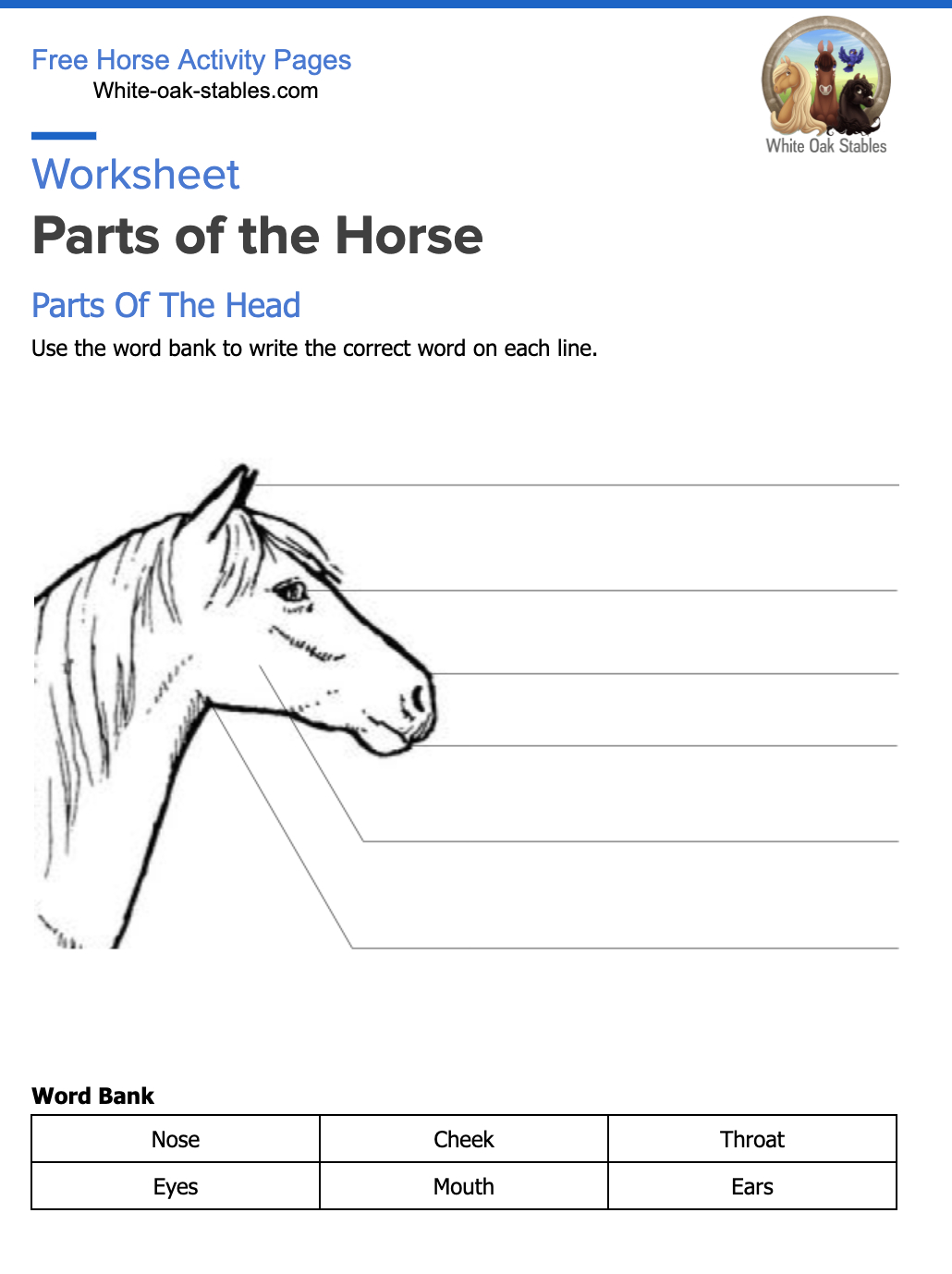 Worksheet – Parts Of The Horse – White Oak Stables intended for Printable Parts Of The Horse Worksheet